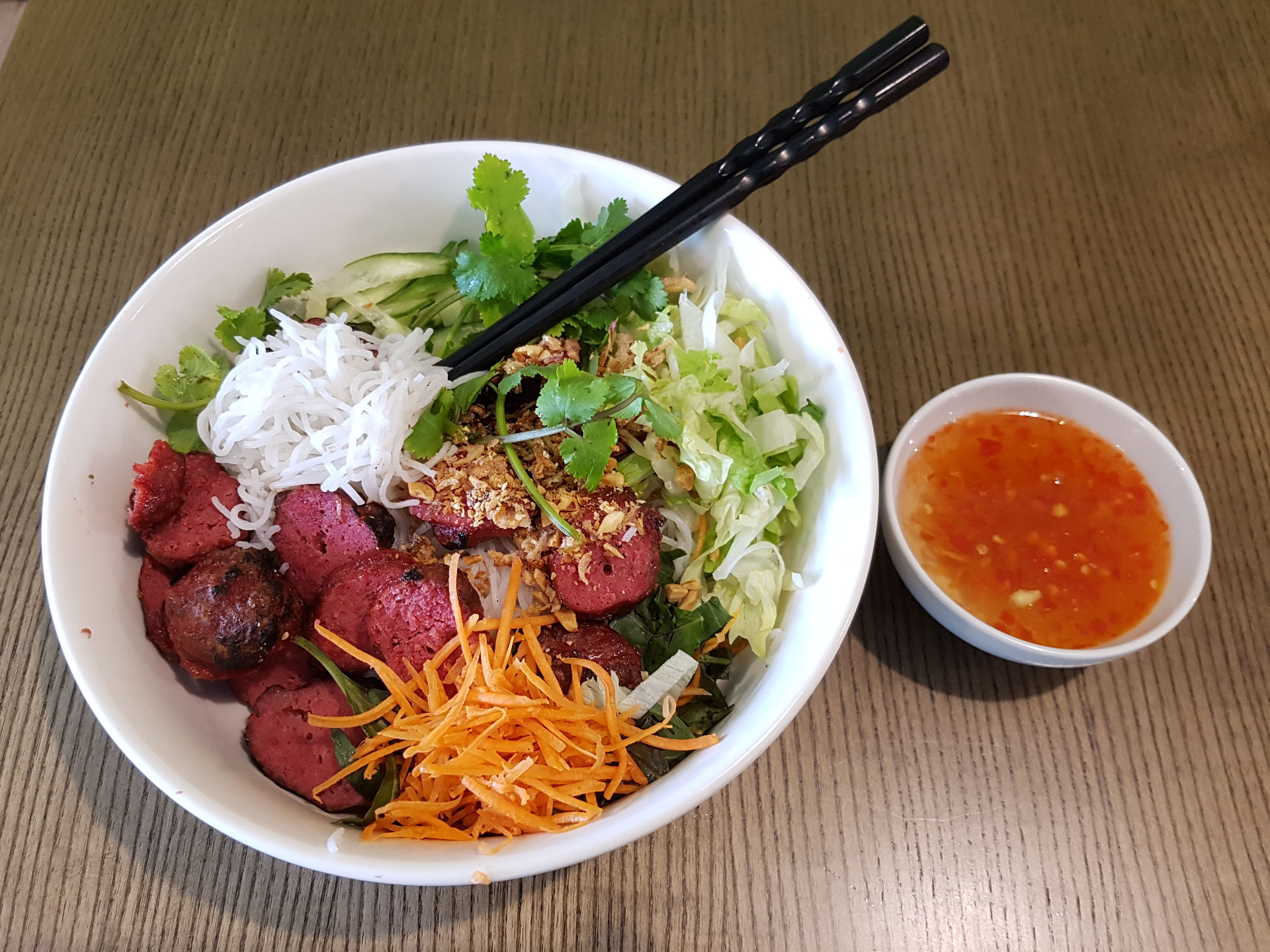 Rice Noodles with BBQ Vietnamese pork sausages.