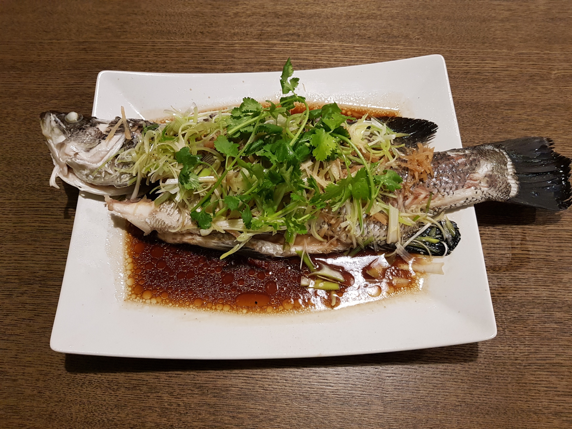 Cá Chẽm Hấp Gừng – Steamed Barramundi in Ginger and Soy.